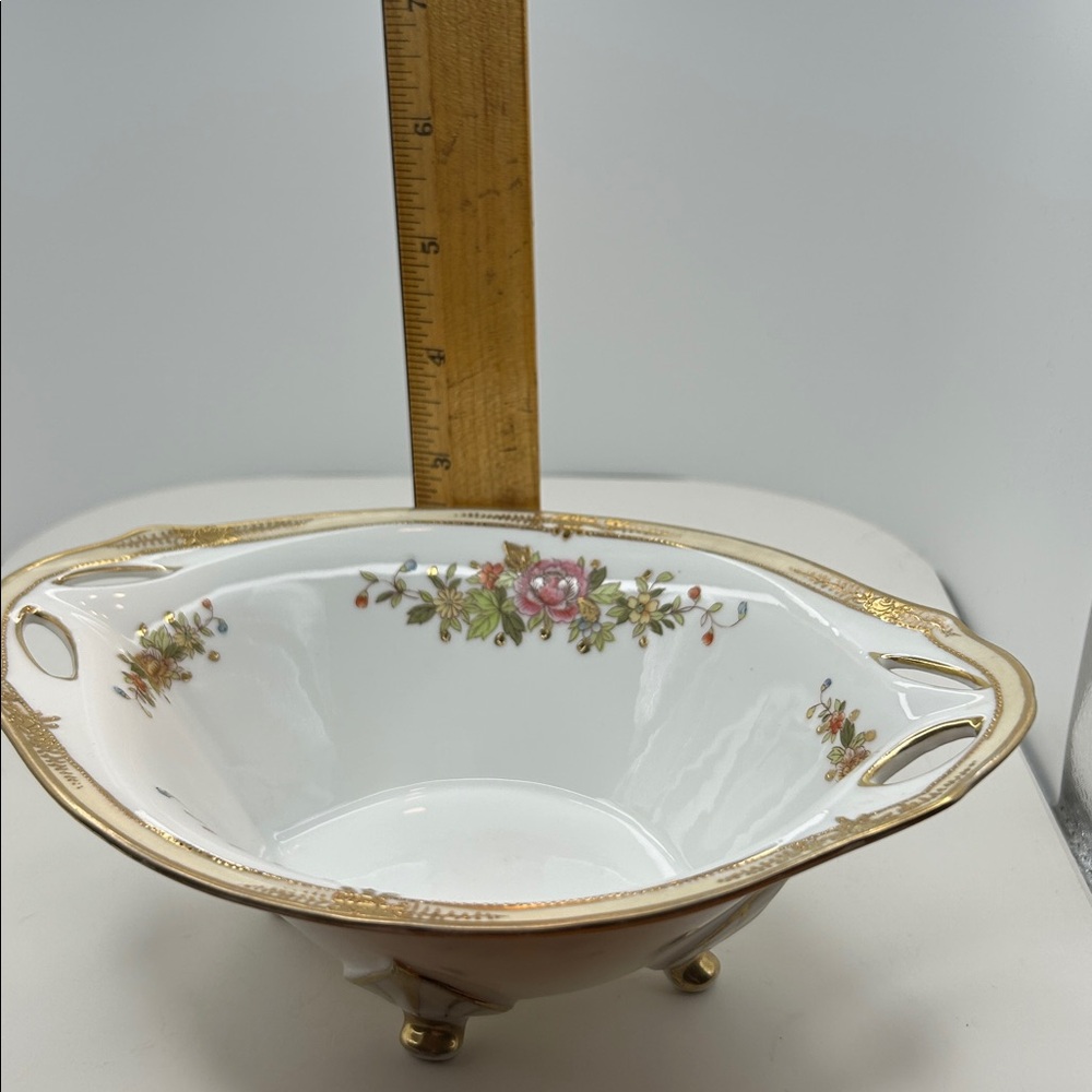 Nippon‎ Hand Painted Floral Gold Gilt Four Footed Oval Serving Bowl Vintage - Picture 9 of 9